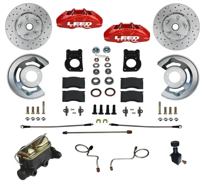 1970-1973 Mercury or Ford MaxGrip Lite 4 Piston Manual Front Disc Brake Kit with Drilled Rotors & Red Calipers
