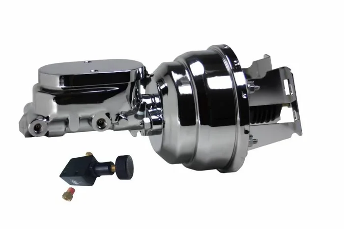 8-Inch Chrome Dual Power Brake Booster with 1-1/8 Inch Bore Flat Top Master Cylinder and Adjustable Proportioning Valve for 1955-1968 Chevrolet