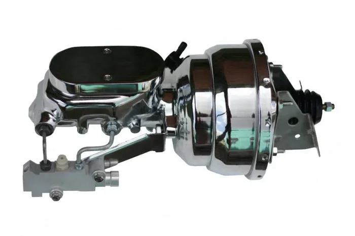 8-Inch Chrome Dual Power Brake Booster with 1-1/8 Inch Bore Flat Top Master Cylinder and Side Mount Valve for Disc/Drum GM AFX Bodies