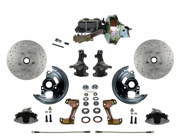 GM AFX Power Front Disc Brake Conversion Kit 2″ Drop Spindle Cross Drilled and Slotted Rotors with 9″ Zinc Booster Cast Iron M/C Disc/Disc Side Mount