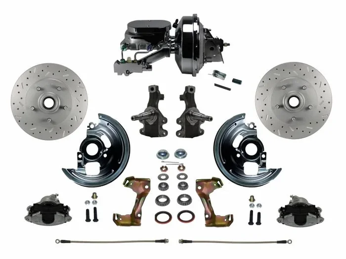 GM AFX Power Front Disc Brake Conversion Kit 2″ Drop Spindle Cross Drilled and Slotted Rotors with 9″ Chrome Booster Flat Top Chrome M/C Disc/Drum Side Mount