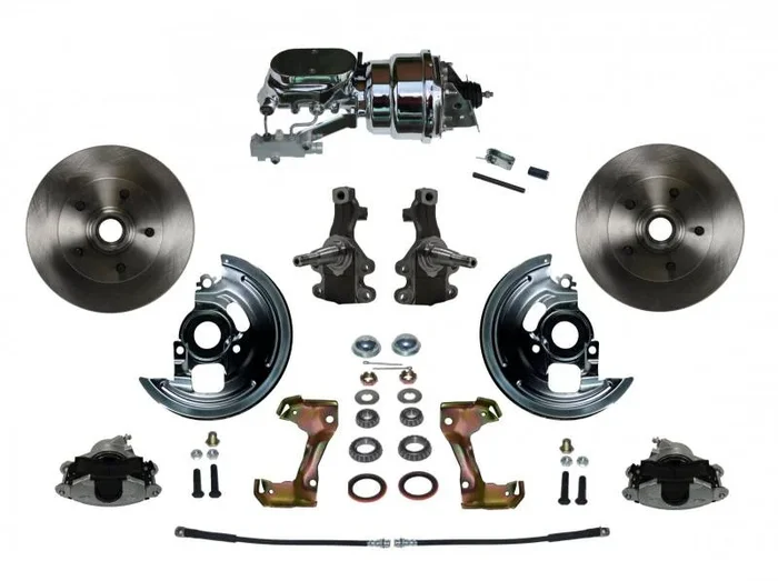 GM AFX Power Front Disc Brake Conversion Kit 2″ Drop Spindle with 7″ Dual Chrome Booster Flat Top Chrome M/C Disc/Drum Side Mount
