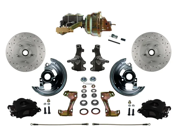 GM AFX Power Front Disc Brake Kit 2″ Drop Spindles Drilled and Slotted Rotors Black Powder Coated Calipers 8″ Dual Booster Disc/Disc