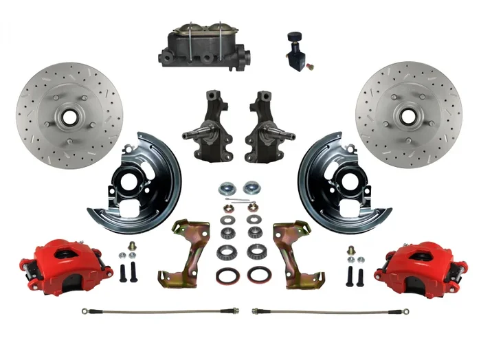 Manual Front Disc Brake Kit with 2″ Drop Spindles, Drilled and Slotted Rotors, Red Powder-Coated Calipers, Cast Iron Master Cylinder, and Adjustable Proportioning Valve for GM AFX Body