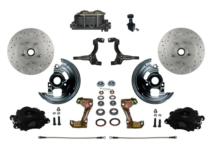 Manual Front Disc Brake Kit with Drilled and Slotted Rotors, Black Powder-Coated Calipers, and Adjustable Proportioning Valve for GM AFX