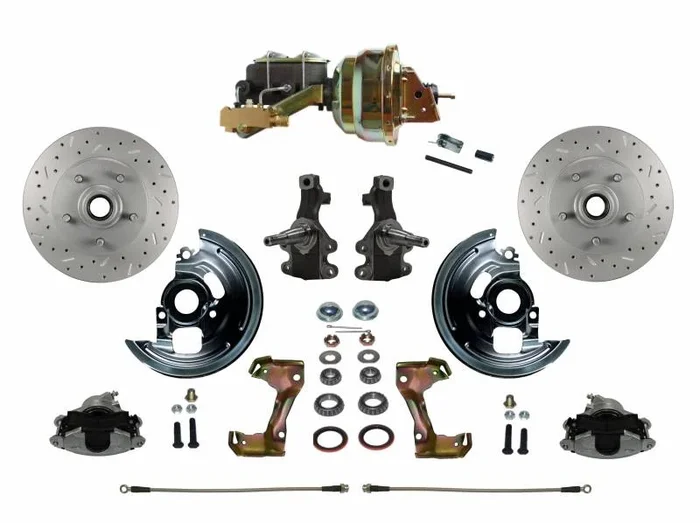 Power Front Disc Brake Conversion Kit 2″ Drop Spindles Cross Drilled and Slotted Rotors with 8″ Dual Zinc Booster Cast Iron M/C Disc/Disc Side Mount