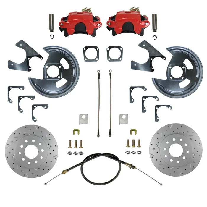 Rear Disc Brake Conversion Kit – MaxGrip XDS – Red Powder Coated Calipers – GM 10 & 12 Bolt Axles 5 x4.75 with Staggered Shocks