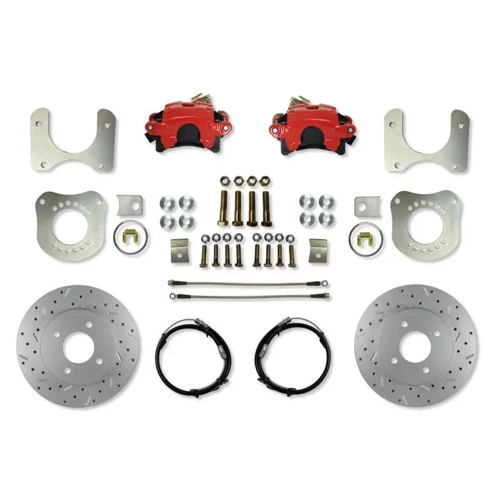 Rear Disc Brake Conversion Kit with 4-Lug MaxGrip XDS Rotors and Red Calipers for 1979–1986 Ford Mustang Fox Body 7.5 & 8.8 Axles