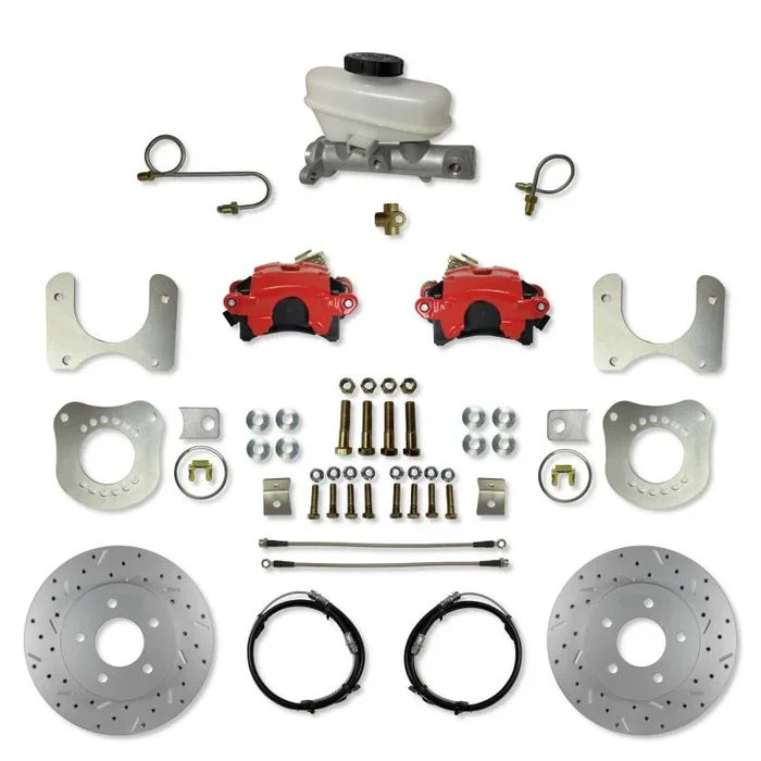Rear Disc Brake Conversion Kit with 5-Lug MaxGrip XDS Rotors and Red Calipers for 1987–1992 Ford Mustang Fox Body 7.5 & 8.8 Axles