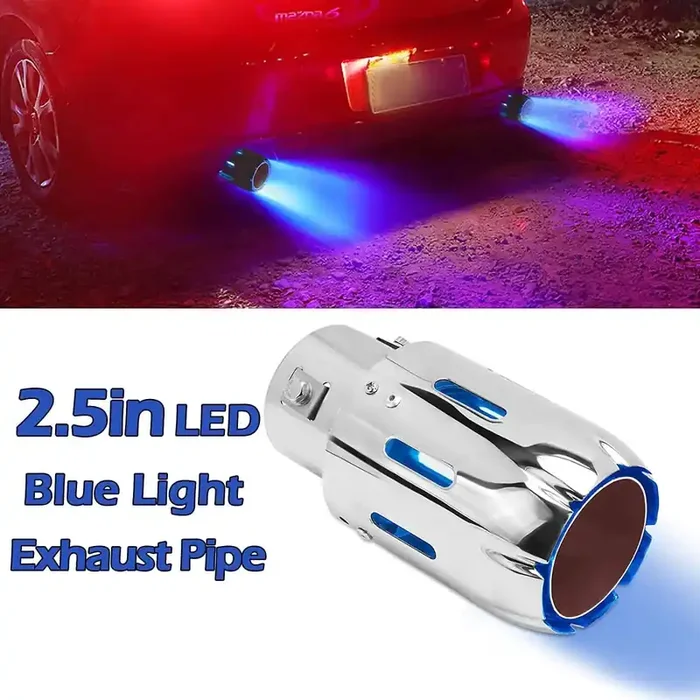 SPELAB 2.5‘‘ 63mm Exhaust Tips Stainless Steel Muffler Car Exhaust Tail Pipe Modification Luminous Tube With Blue Flame LED light