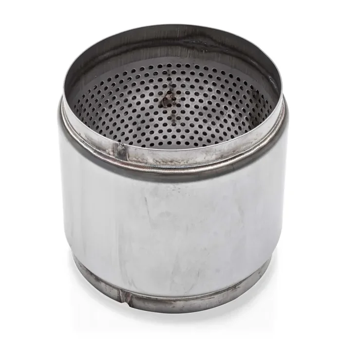 STAINLESS WORKS RACE MUFFLER, 304 STAINLESS STEEL 5″ OD INLET / OUTLET WITH A PERFORATED CORE, WITH 5-3/4″ BODY WITH THE OVERALL LENGTH OF 5″ AND A MILL FINISH. – RM50